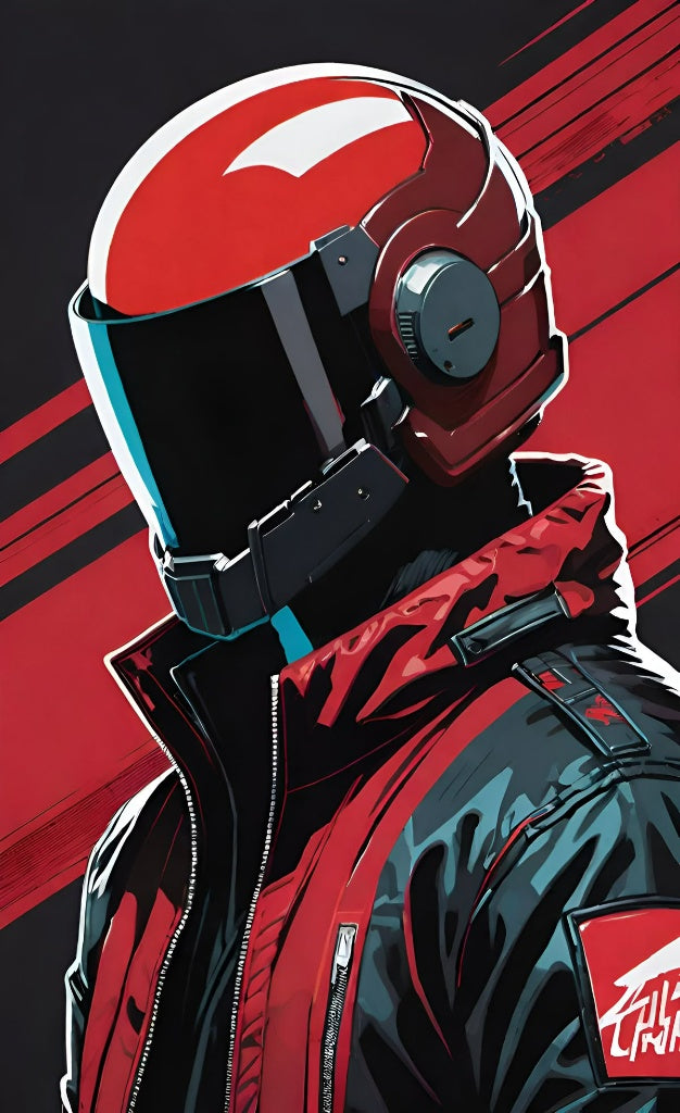 Cyberpunk Red Biker Helmet Cyber Suit Poster
