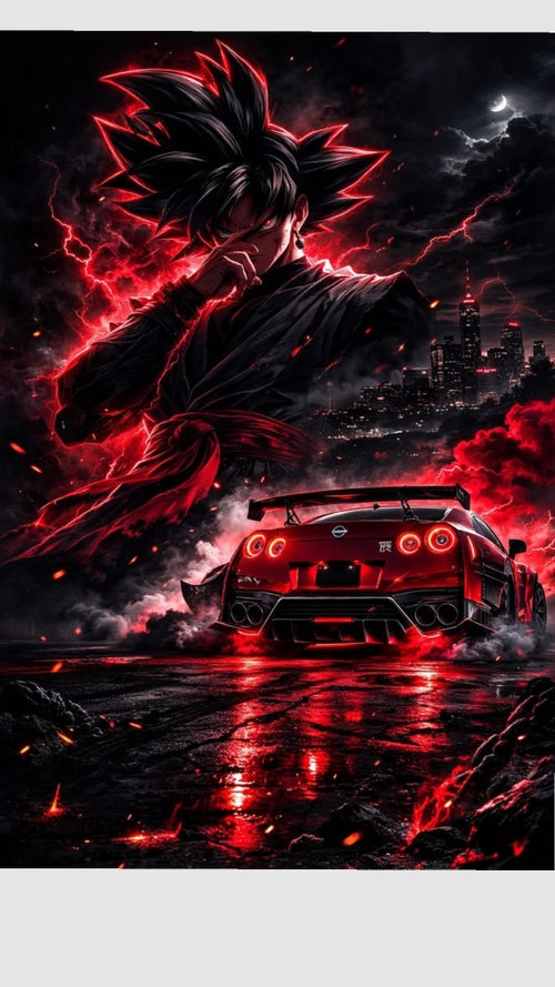 Black Goku & Nissan GTR Neon Red Poster