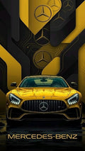 Gold Mercedes-Benz car with brand logos in the background