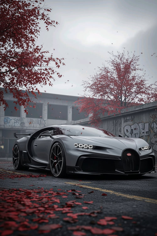 Gray sports car on a road with red leaf-covered trees