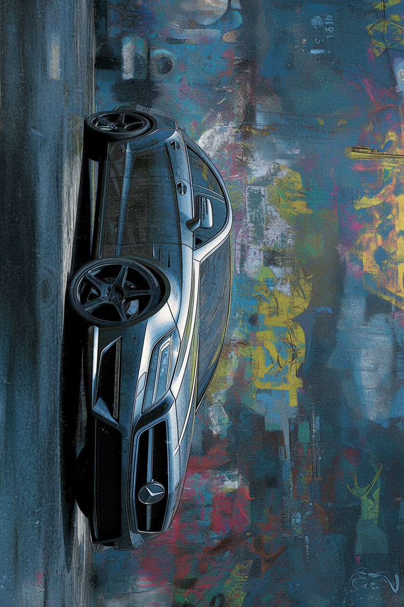 Black car parked against a colorful, abstract wall