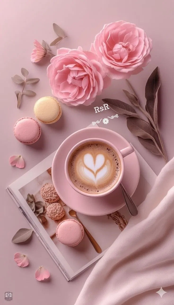 Pink Coffee & Roses Poster | Aesthetic Flat Lay Art