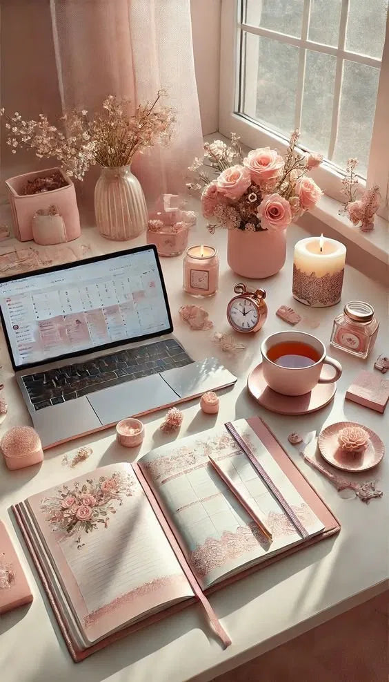 Pink Cozy Desk Poster | Window Light Aesthetic Art