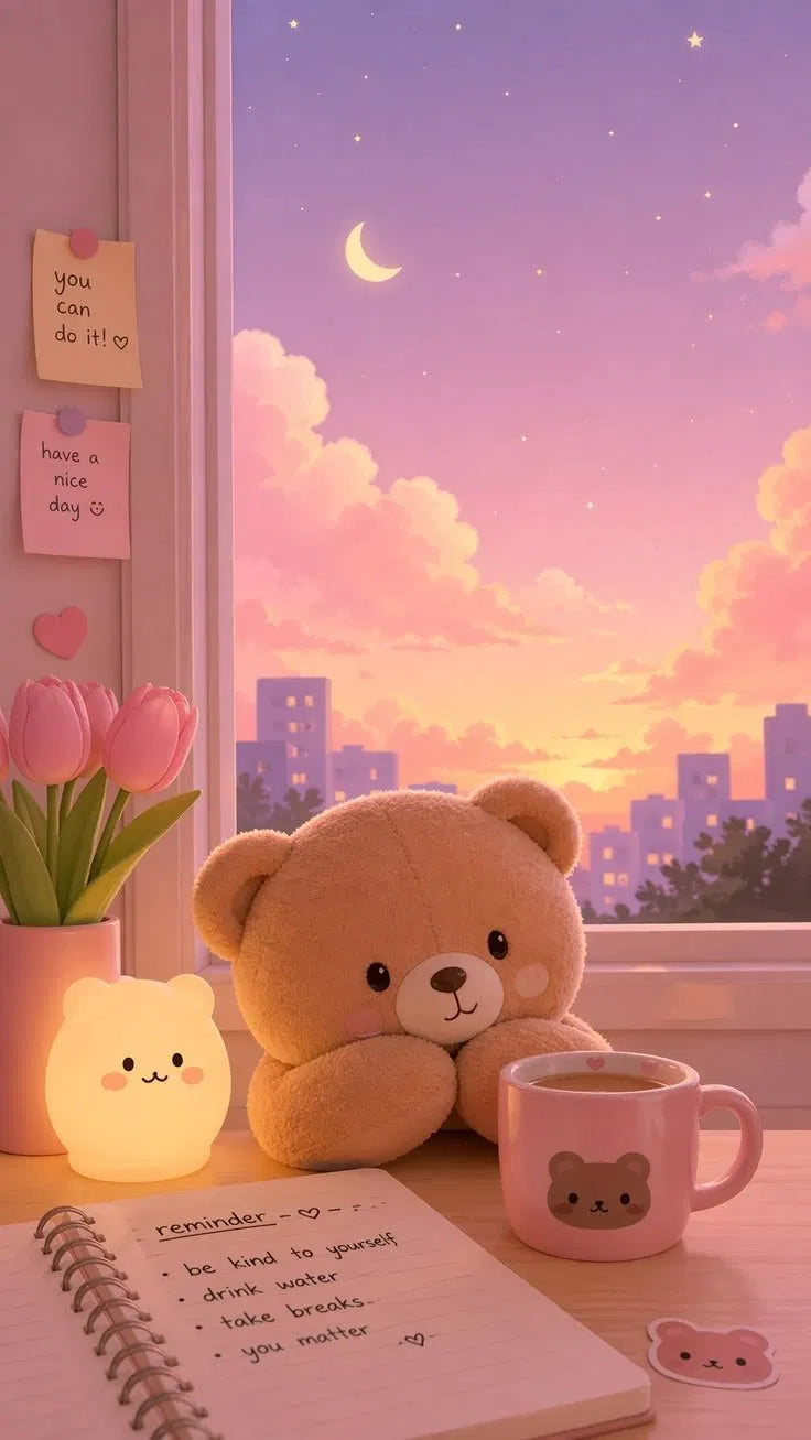 Sunset Teddy Reminder Poster | Cute Pink Aesthetic Art