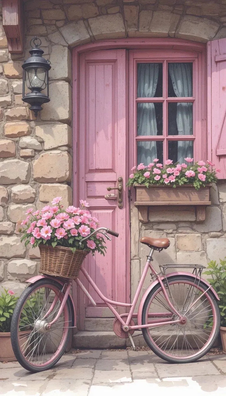 Pink Door Bicycle Poster | Rustic Floral Cottage Art