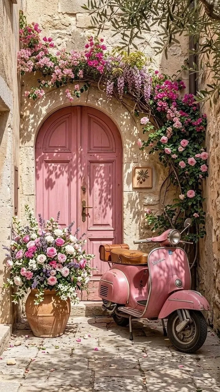 Pink Cottage Scooter Poster | Mediterranean Floral Art
