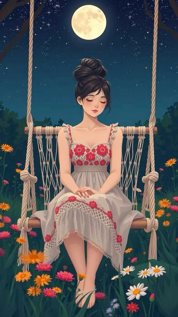 Moonlit Swing Poster | Dreamy Garden Illustration Art