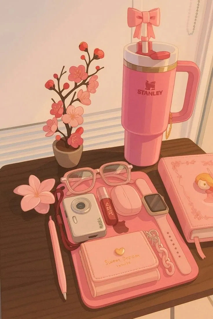 Pink Desk Essentials Poster | Aesthetic Flat Lay Art