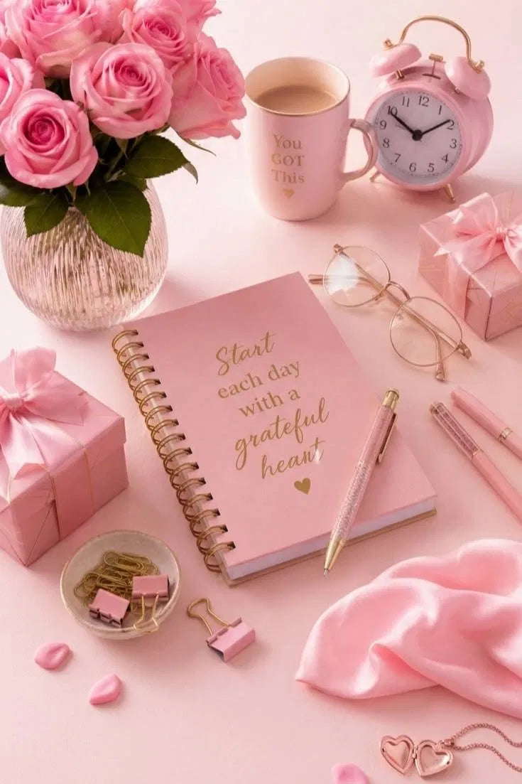 Grateful Heart Poster | Pink Journal Flat Lay Art