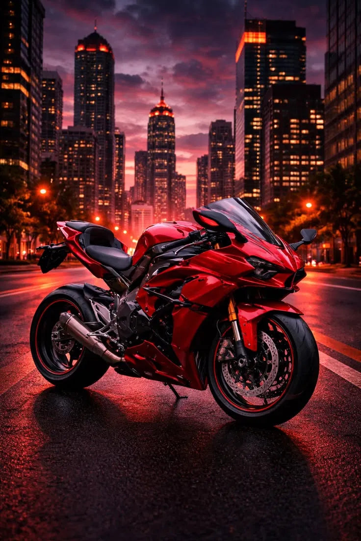 Red Sports Bike City Night Poster