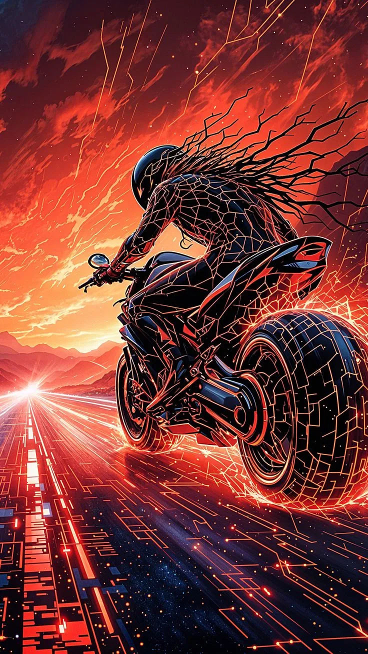 Cyberpunk Fire Rider Motorcycle Poster