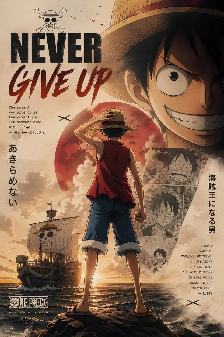 Never Give Up Poster | Anime Pirate Adventure Art