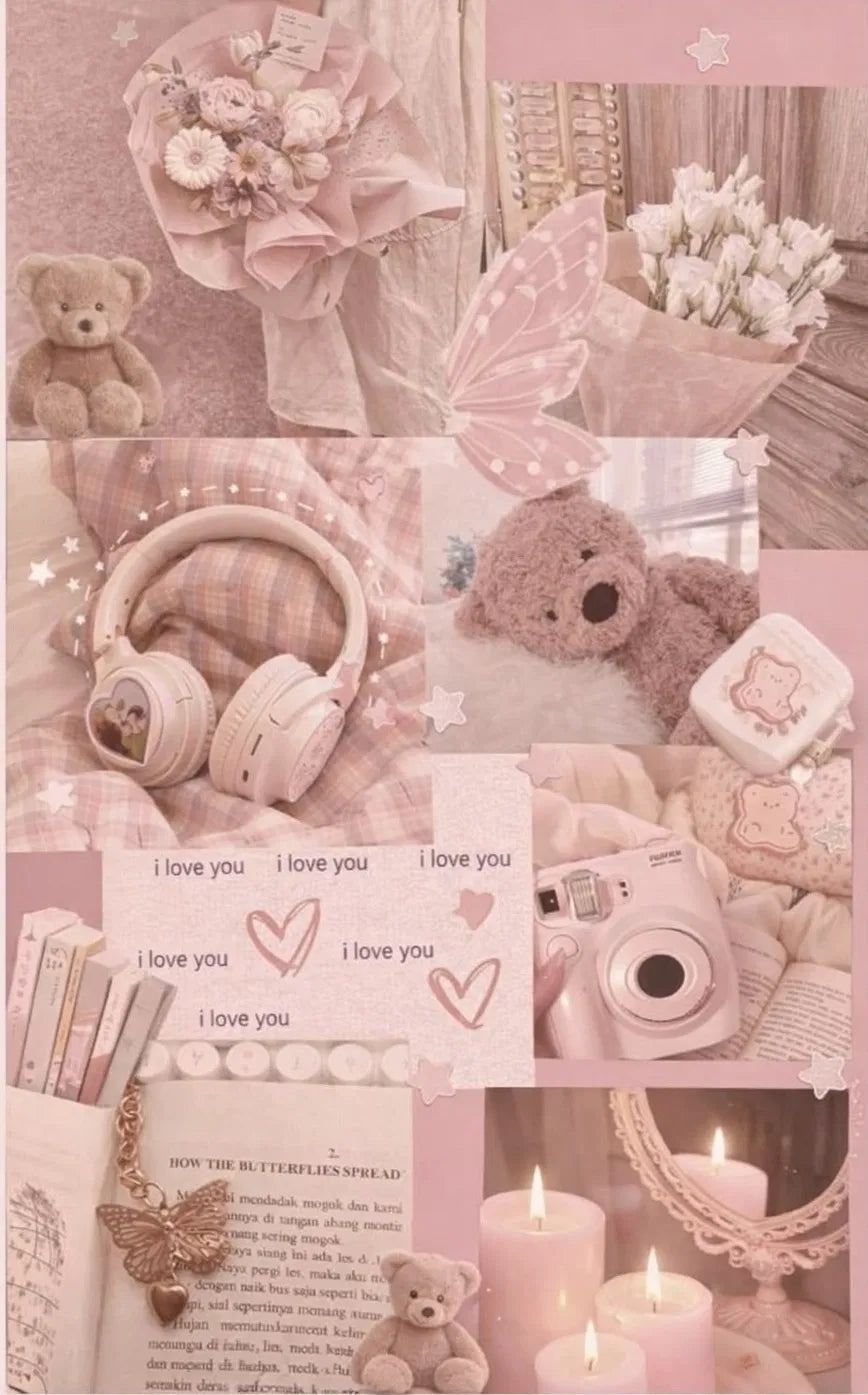 Pink Aesthetic Collage Poster | Cozy Teddy & Flowers Art